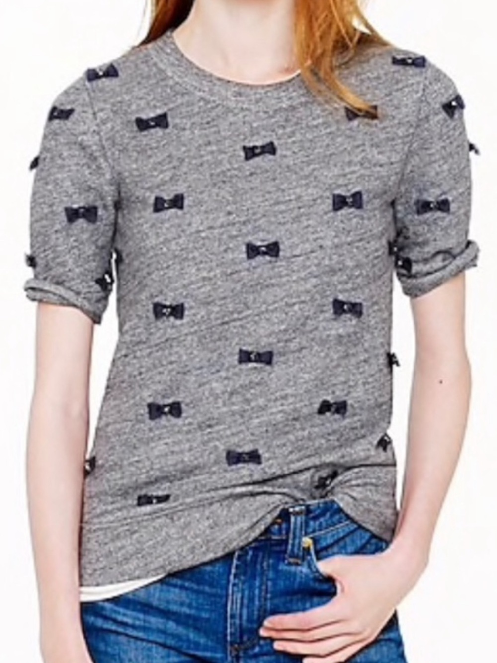 J.Crew Bow Short Sleeve Sweatshirt Gray Embellished Top Size Large